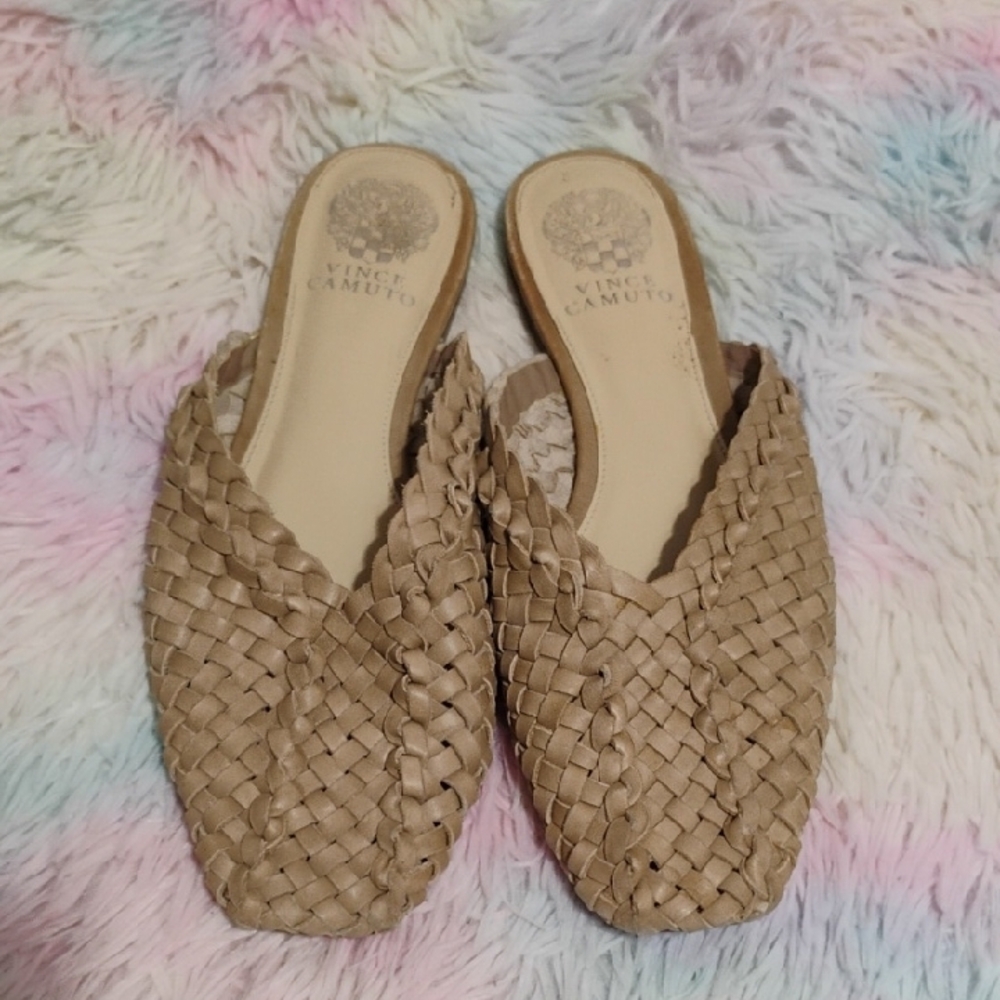 SALE! Vince Camuto Loralee Tan Woven Leather Mules - Picture 5 of 12